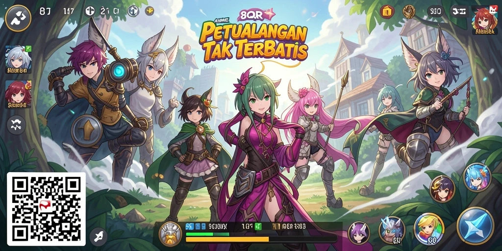 Tampilan gameplay 8QR yang penuh warna dan karakter anime ikonik.