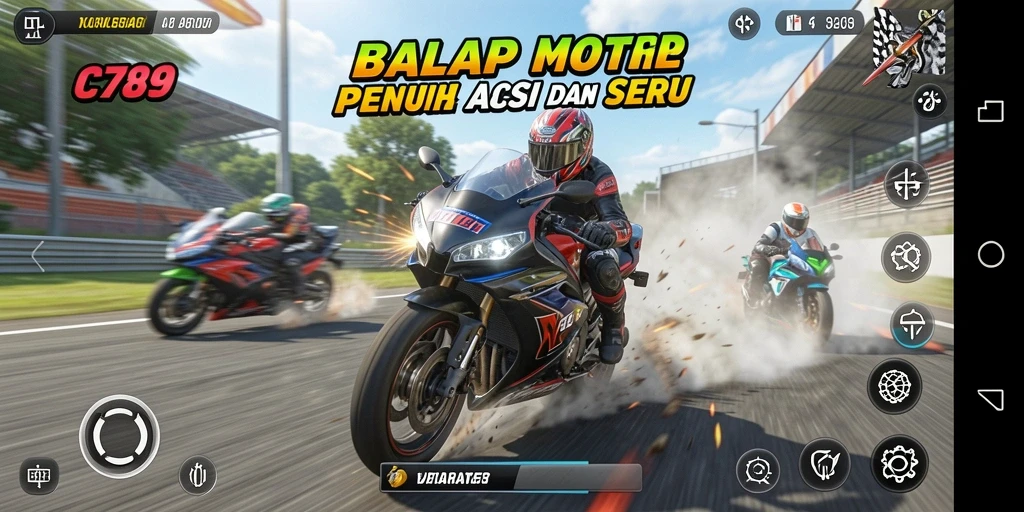 Screenshot gameplay C789 dengan aksi balap motor yang seru.