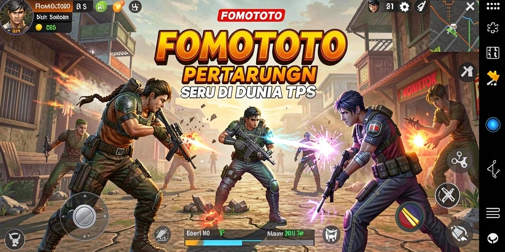 Screenshot gameplay FOMOTOTO yang menampilkan aksi tembak-menembak sengit.