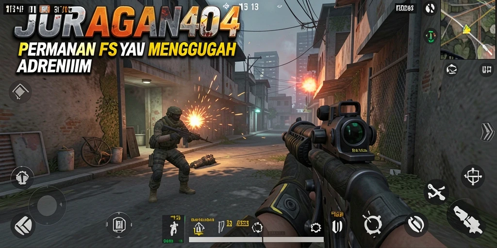 Screenshot JURAGAN404 menampilkan aksi menembak intens dalam pertempuran FPS.