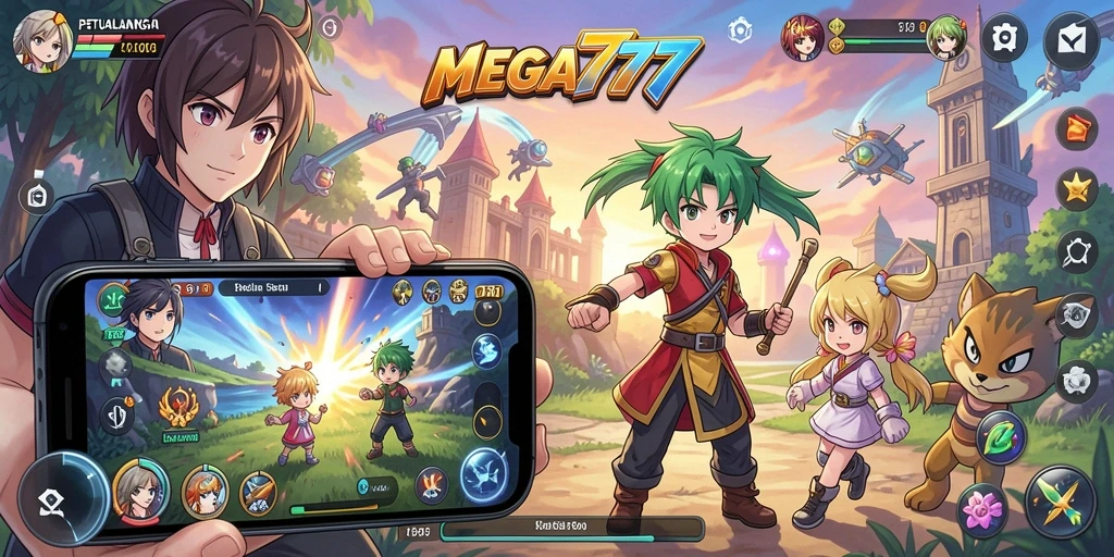 Screenshot gameplay seru dari MEGA777 dengan karakter anime ikonik.