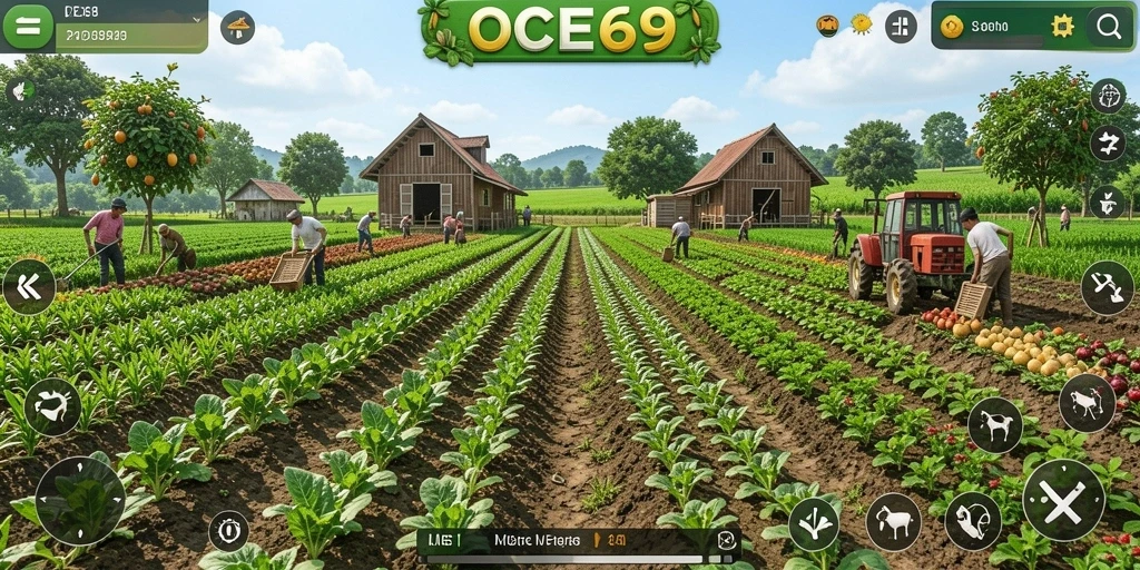Tangkapan layar gameplay OCE69 yang menampilkan aktivitas bertani yang seru.