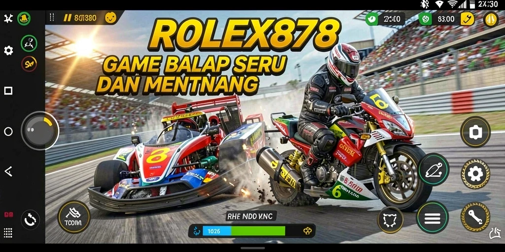 Screenshot gameplay ROLEX878 menampilkan aksi balap yang mendebarkan.