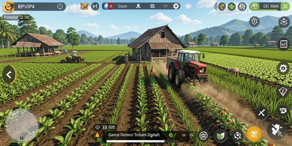 Tampilan gameplay RPVIP4 dengan ladang yang subur dan aktivitas pertanian.