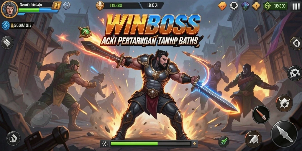 Tangkapan layar permainan <strong>WINBOSS</strong> yang menampilkan pertarungan seru dan karakter dinamis.